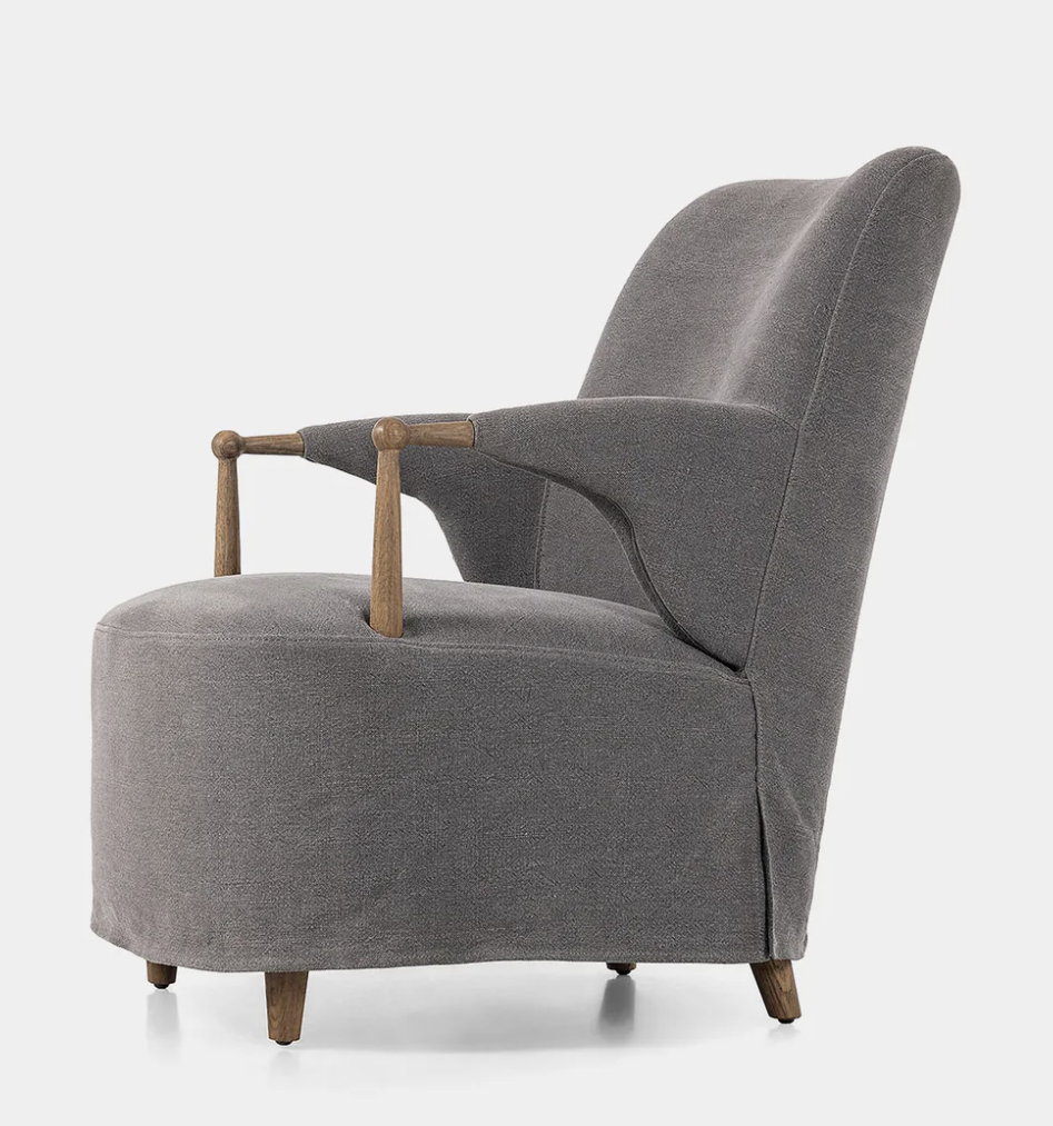 Grey armchair, photographed on white.