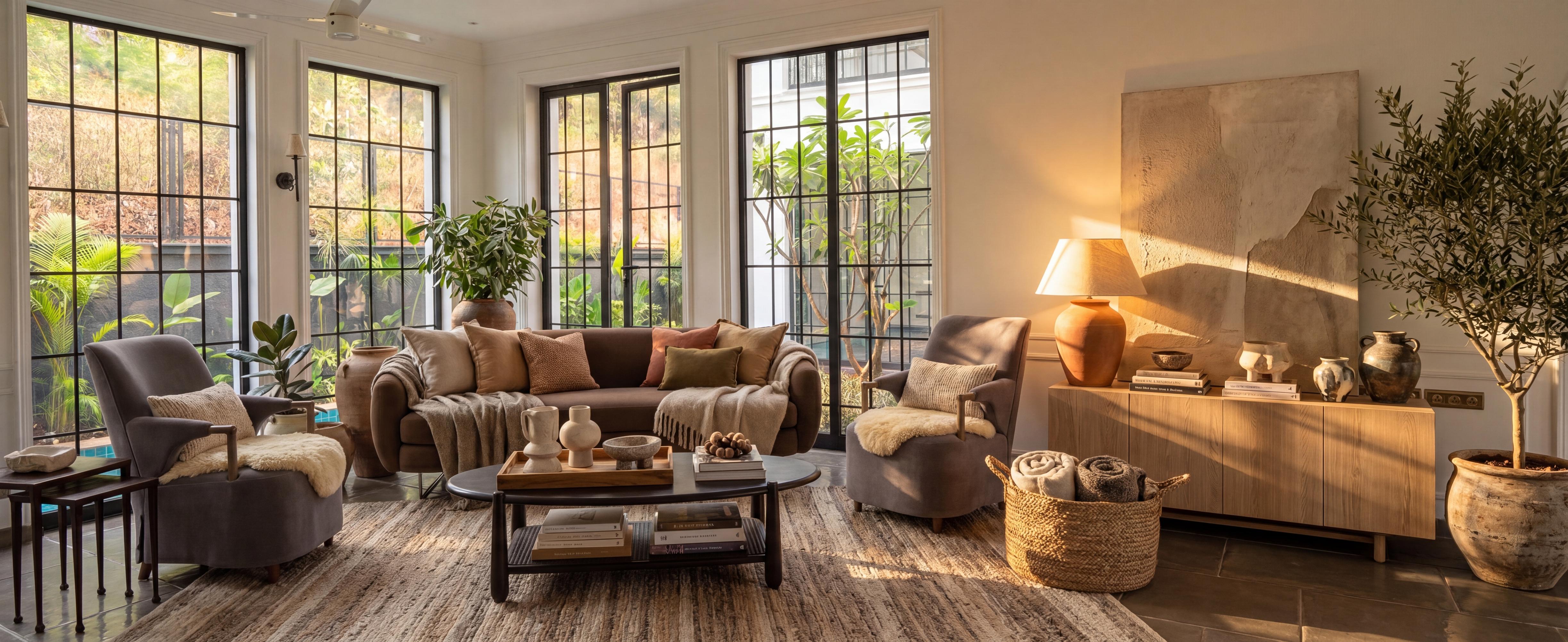 A villa living room staged at golden hour — sofa, armchairs, sideboard and an olive tree set into the existing architecture and afternoon light.