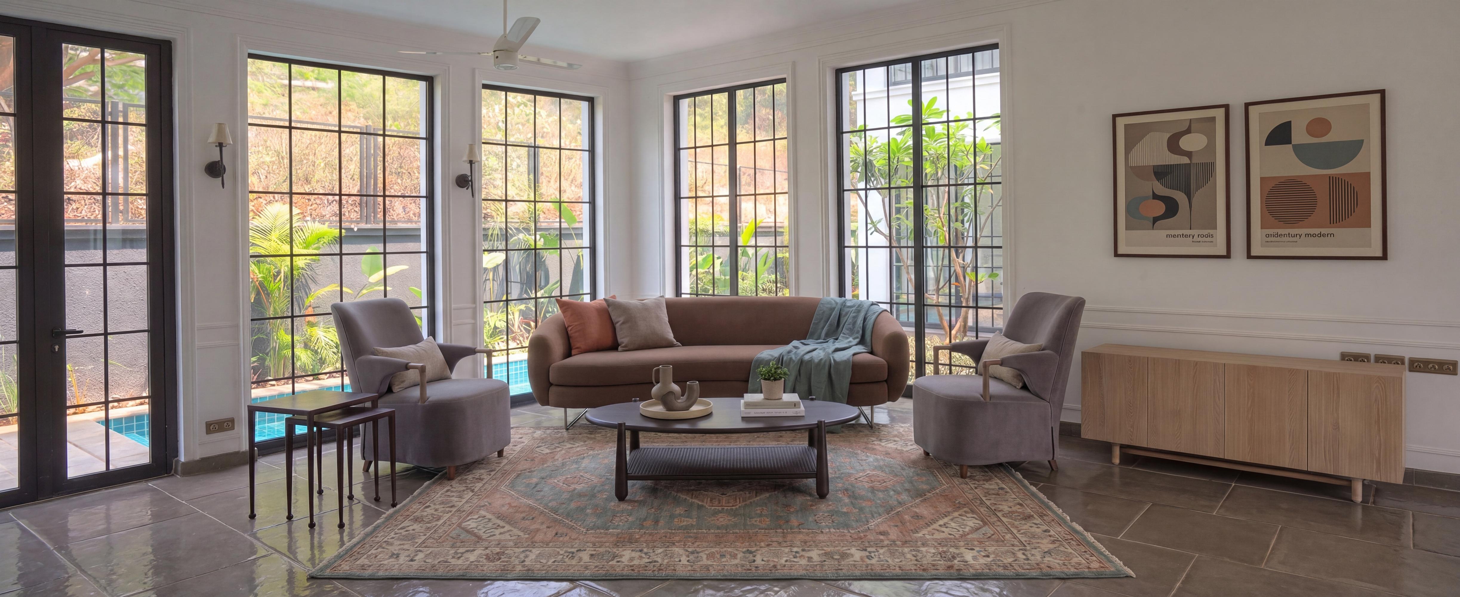 Villa living room with a kilim rug.