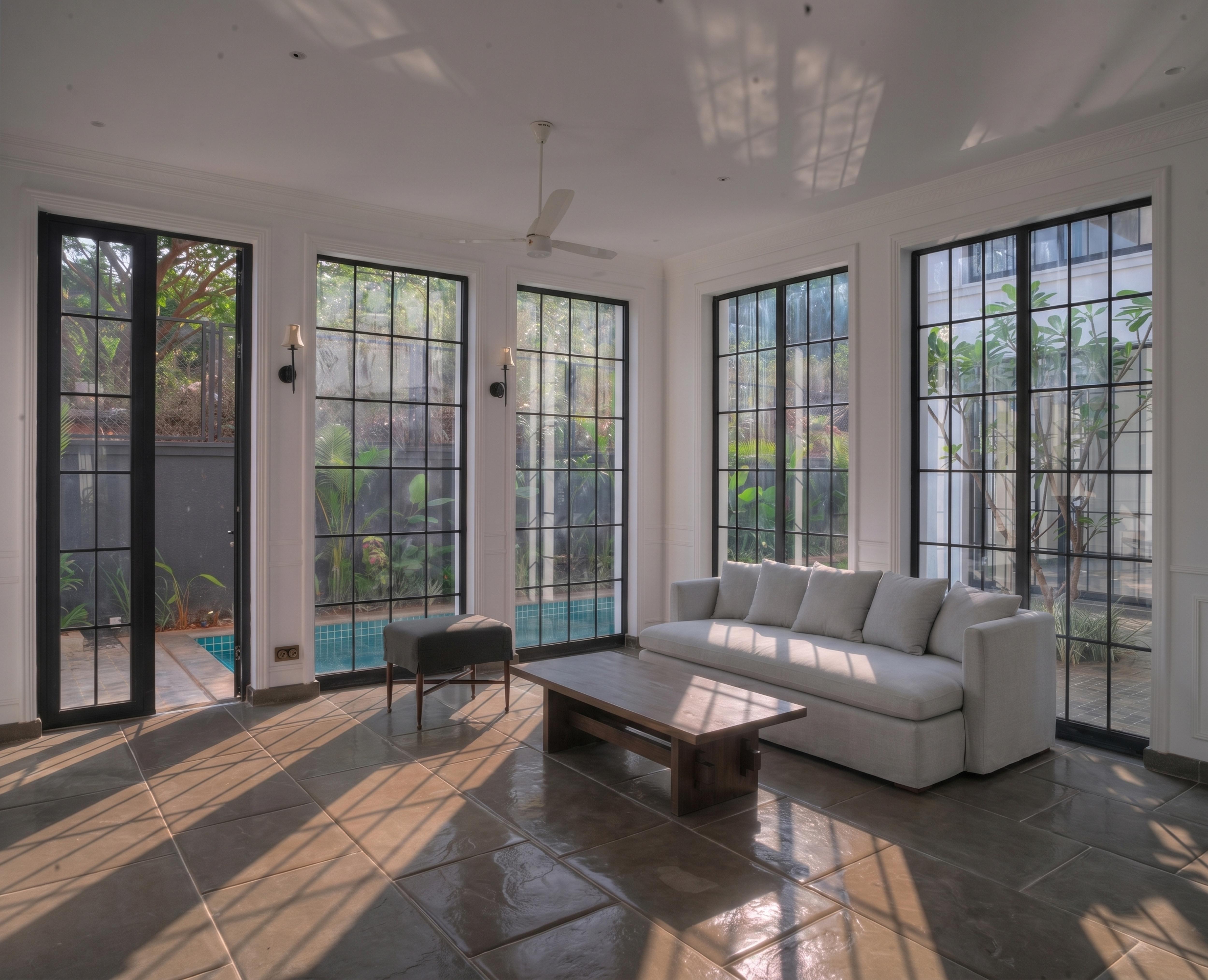 Garden room with the sofa placed to the right.