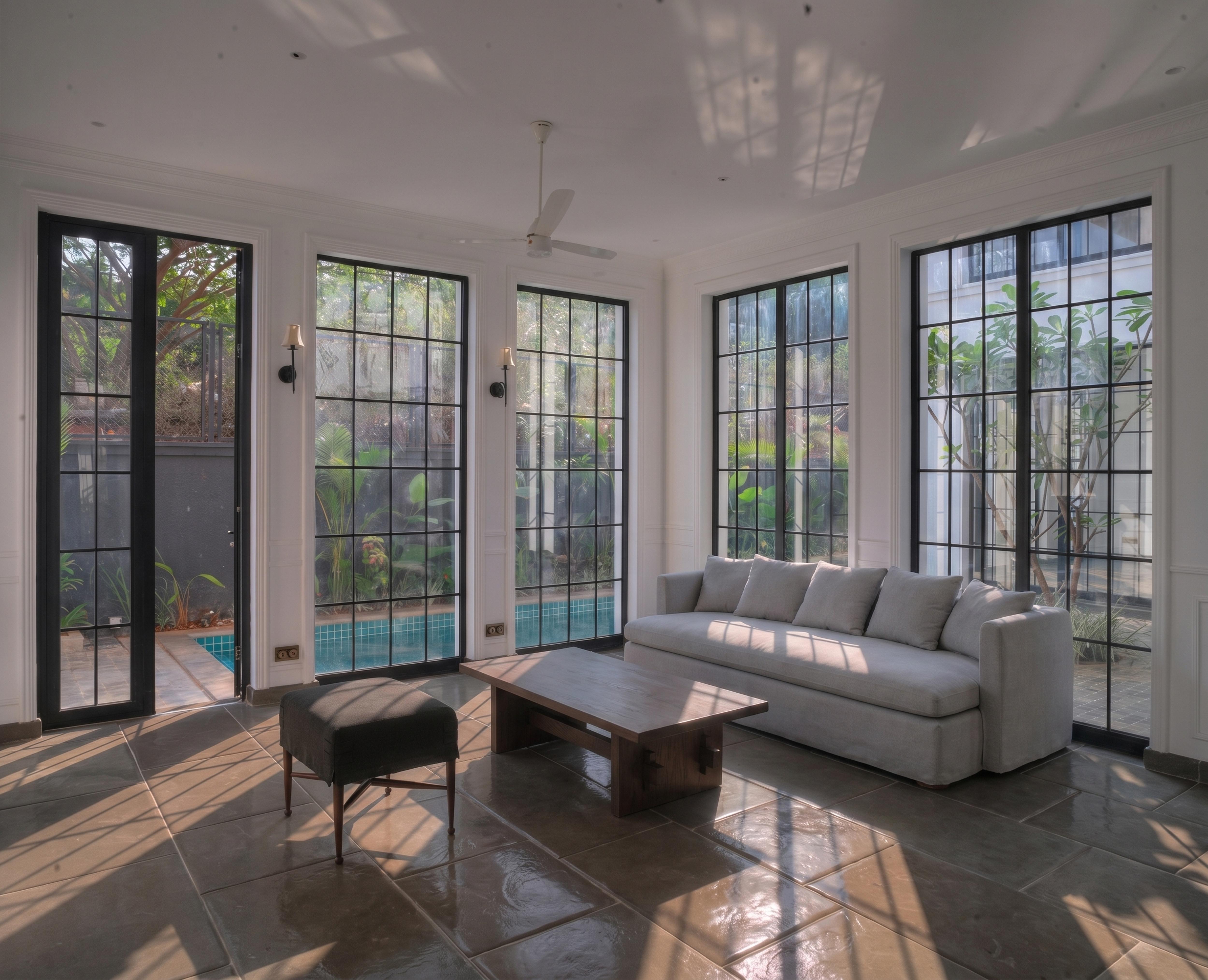 Garden room with the sofa to the right, alternate arrangement.